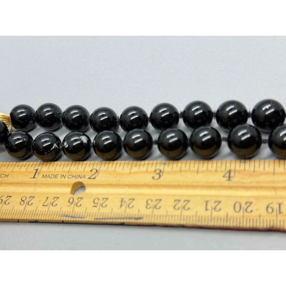 Black Glass Beaded And Knotted Necklace Ribbed Gold Tone‎ Accent Bead 35